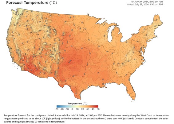 maps made via GDAL - Temperature forecast for the contiguous United States valid for July 29, 2024, at 2:00 pm PDT. The coolest areas (mostly along the West Coast or in mountain ranges) were predicted to be about 10˚C (light yellow), while the hottest (in the desert Southwest) were over 40˚ C (dark red). Contours complement the color palette and highlight small (1˚ C) variations in temperature.