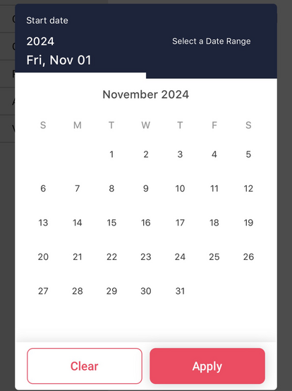 Date picker widget in the BookMyShow app on iOS showing a wrong calendar for November 2024 (which actually starts on a Friday, instead of the shown Tuesday).