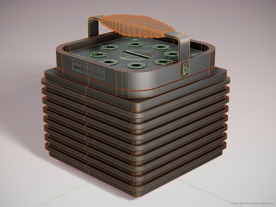 Wireframe version of the Metal cube shaped container with ribbed sides and an array of Hex bolts in the top. Mounted by a metal and synthetic ribbed handle in a rectangular form.