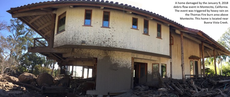 photo - A home damaged by the January 9, 2018 debris flow event in Montecito, California. The event was triggered by heavy rain on the Thomas Fire burn area above Montecito. This home is located near Buena Vista Creek.