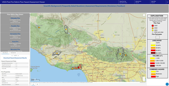 screen shot centered on LA - USGS Post-Fire Debris Flow Hazard Assessment Viewer (web map)