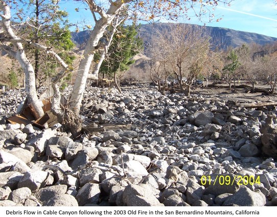 photo - Debris Flow in Cable Canyon following the 2003 Old Fire in the San Bernardino Mountains, California