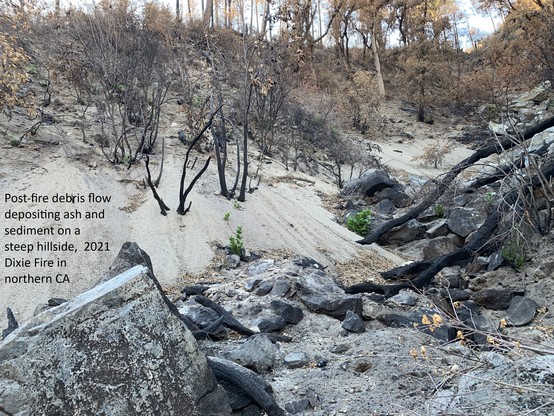photo - Post-fire debris flow depositing ash and sediment on a steep hillside,  2021 Dixie Fire in northern CA