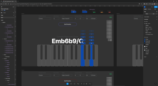 figma with a large artboard with a piano on the bottom playing notes. the notes appear as blocks above each piano key and fade off in the distance above. above the piano is large bold text showing the latest chord. and on the top of the screen are various dropdowns that control different parts of app like the root note.