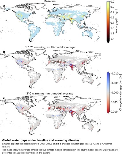 maps - Global water gaps under baseline and warming climates