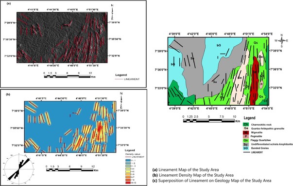 (a) Lineament Map of the Study Area (b) Lineament Density Map of the Study Area (c) Superposition of Lineament on Geology Map of the Study Area
