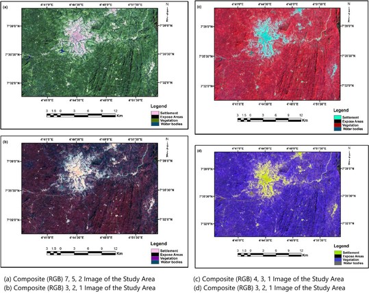 maps of remote sensing data - (a) Composite (RGB) 7, 5, 2 Image of the Study Area (b) Composite (RGB) 3, 2, 1 Image of the Study Area (c) Composite (RGB) 4, 3, 1 Image of the Study Area (d) Composite (RGB) 3, 2, 1 Image of the Study Area