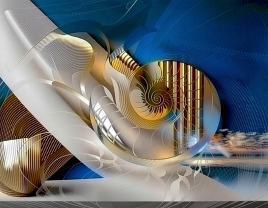 Detail of a futuristic glass wall, with an etched stylized nautilus design backed by abstract geometric patterns in royal blue, white, and polished brass.