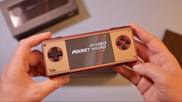 A photo showcasing the new AYANEO Pocket Micro Classic handheld.