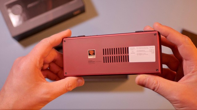 A photo showcasing the new AYANEO Pocket Micro Classic handheld.