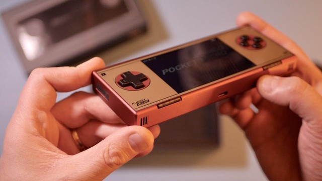 A photo showcasing the new AYANEO Pocket Micro Classic handheld.