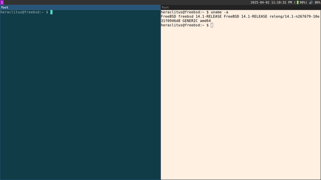 Two 'foot' terminals are shown running in Sway compositor under Wayland