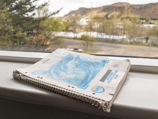 The image shows a spiral-bound notebook resting on a window sill. The notebooks cover features a blue illustration of a wave, with text that includes the word ANALOG and a barcode. The notebook appears to be slightly worn, with visible creases and a torn edge. The window offers a view of a landscape with trees, a body of water, and mountains in the background. The scene outside is overcast, with a parking lot visible in the midground. The window sill is white, and the overall lighting in the image is soft and natural.

Provided by @altbot, generated privately and locally using Ovis2-8B
