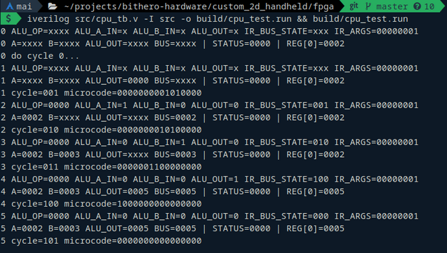 Output of an Icarus Verilog run that shows 5 cycles of the CPU running a very basic addition instruction build from microcode steps.