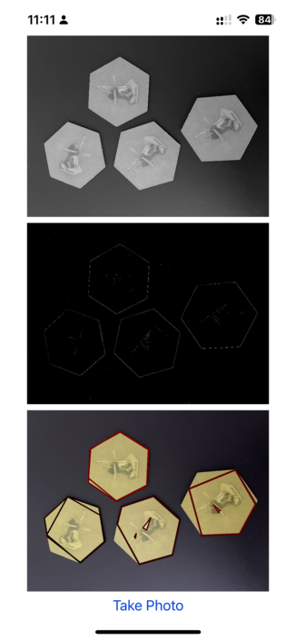 Screenshot of an #iOS App that shows three images. The first one is a grayscale image of hexagonal tiles. The second one shows a point cloud of a binary version of the image to detect contours. The third one has contours detected overlaid with the original photo of the tiles.