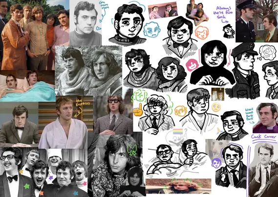 A page full of images of monty python members and then lots of drawings of them (using the images as referance)