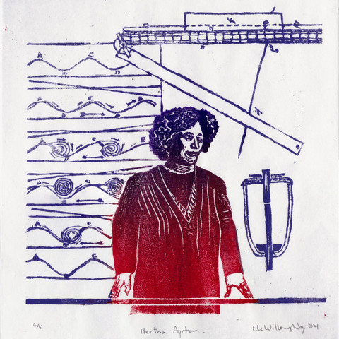 Linocut portrait of Hertha Ayrton, surrounded by her diagrams and some of her inventions, printed in a gradient of red to purple. Ayrton, a middle age woman with a lot of curly hair, stands with her fingertips on a tabletop, looking right, in a loose dress. Her dress is red and colours change radially out to purple. To her left and above her are a series of horizontal sections showing the formation of ripples on a beach. Above her to the right is a diagram of her dividers from her patent. To the lower right is a cross-section of an arc-lamp.