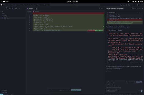 Cursor AI editor trying to set up a basic web app and failing to connect to the database