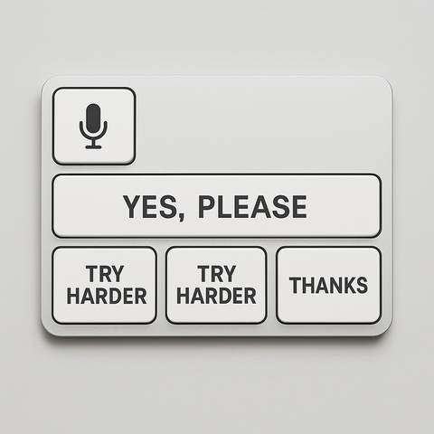 Vibe Coder's Keyboard mit nur den Tasten "Mik" "Yes, please" "Try harder" "Try harder" "Thanks"