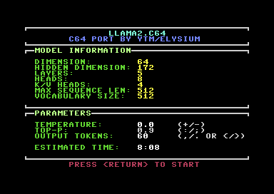 Model information screen and parameters for transformer inference: temperature, top-p, output tokens. The estimated time to generate 60 tokens is about 8h