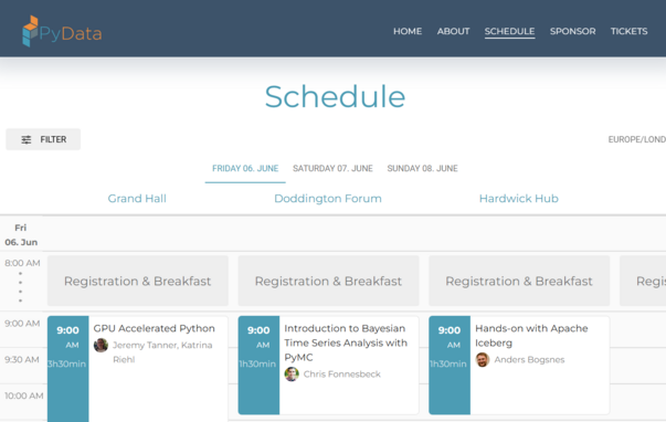 Screenshot of PyData London Schedule Page