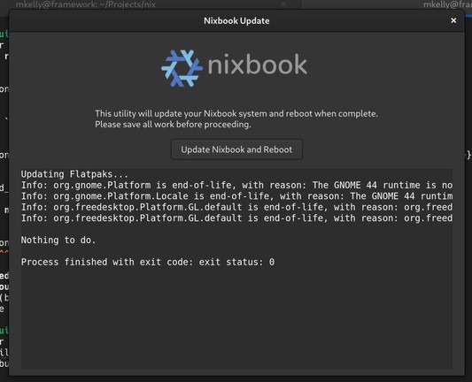 GUI gtk app showing the nixbook logo and an update button with a log