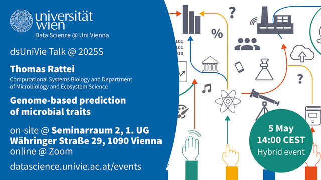 Invitation

University of Vienna
Data Science @ Uni Vienna
dsUniVie Talk @ 2025S
Thomas Rattei
Computational Systems Biology and Department of Microbiology and Ecosystem Science
Genome-based prediction of microbial traits
on-site @ Seminarraum 2, 1. UG
Währinger Straße 29, 1090 Vienna
online @ Zoom
datascience.univie.ac.at/events
5 May
14:00 CEST
Hybrid event