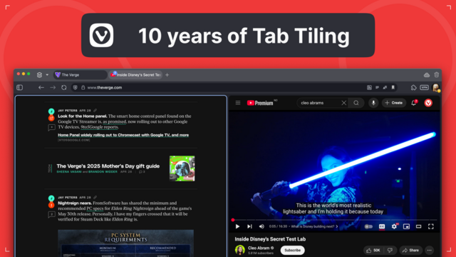 The image shows the text ‘10 years of Tab Tiling’ at the top. Below, a Vivaldi browser window with two tabs in split view: on the left, a news website, and on the right, a YouTube video playing. Both tabs are tiled side-by-side, showcasing Vivaldi’s Tab Tiling feature, allowing users to multitask and view multiple webpages at once in a single window.