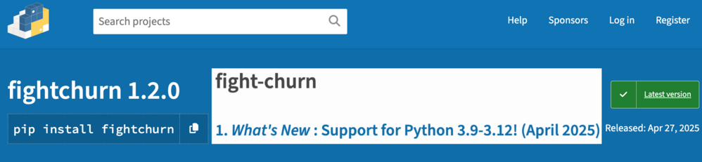 PyPi website showing fightchurn 1.2.0 Whats new: Support from Python 3.9-3.12