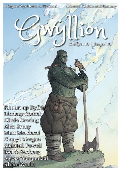 Cover of Gwyllion magazine featuring an illustration of a monstrous-looking warrior staring adoringly at the little animals perched on him.