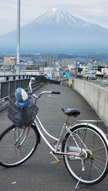 A BLÅHAJ shark plushie enjoying a bicycle adventure in Japan, nestled in the front basket of a silver bike on an elevated pathway. In the background stands the majestic Mount Fuji with its iconic snow-capped peak, rising above a Japanese cityscape with apartment buildings and urban sprawl. The pedestrian bridge offers a perfect vantage point for BLÅHAJ's sightseeing journey, with the mountain framed perfectly in the distance. This little blue shark is living its best travel life, taking in one of Japan's most famous natural landmarks while exploring the city by bike.