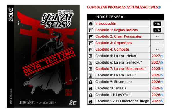 Captura de pantalla de la Wiki BETA de Yôkai Sensô 2E con el índice general: la introducción y el capítulo 1 marcan cambios nuevos, los capítulos del 5 al 12 marcan el año planificado para actualizar sus contenidos.