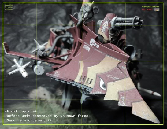 Faux tactical screen capture of the Raider gunship in close quarters with overlaid "nonsense" info.