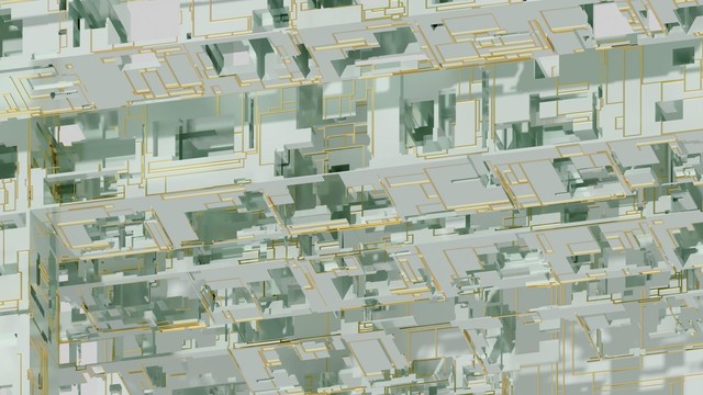 Isometric render of gold-gribbled smooth ceramic beams lit from below. The beams are pierced through with many rectangular holes of varying sizes, letting the light through. It looks like the skeleton of a building complex.
Procedurally generated and rendered in Avoyd voxel editor.
