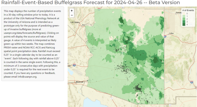 A map created by Travis Matlock as a product of USA National Phenology Network. It is a Raster plus Spatial Point map of Arizona that calculates the number of distinct precipiation "events" over a 30-day rolling period prior to the forecast date. The number of these events, in turn, is used to forecast areas where buffelgrass will be "greening up" in the following 1-2 weeks.
