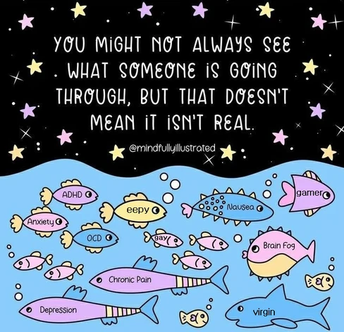 Motivational meme stating "You might not always see what someone is going through, but that doesn't mean it isn't real" written on a black background with pink and yellow starts above an ocean of fish with various struggles written on them. Fish (from top left) are labeled "ADHD", "eepy", "nausea", "gamer", "anxiety", "OCD", "gay", "brain fog", "Chronic Pain", "depression", and "virgin". Some have clearly been modified from the original fish to be humourous.