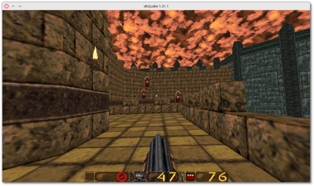 🕶️ The FPS Quake 1 running with the vkQuake engine, the screenshot showing the player armed with a gun in a dark room

📚️ Quake 1 is a FPS (1996) in which the player is the ultimate survivor of a commando sent to a military base where researchers have developed a teleportation prototype that has been corrupted by Quake, a demon who tries to use it to invade the Earth with his hordes of monsters. VkQuake is a libre, multi-platform QuakeSpasm engine running on the Vulkan API, offering much better performance, higher frequencies than 72 Hz without breaking physics, multi-threaded loading, support for 2021 re-release data, underwater effect for dives, dynamic shadows, improved colour accuracy, 8-bit colour emulation, scaling, anti-aliasing, anisotropic filtering, scriptable particles, custom HUDs, and a menu to make loading mods easier. It is also designed as a port, as faithful to the original as possible, compatible with all mods that run on QuakeSpasm like In The Shadows or Arcane Dimensions.