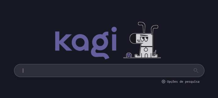 A dark-themed Kagi homepage with the logo in purple stylized text in the center. On the right, Doggo, Kagi's mascot, an illustrated dog, sitting next to a small ball. Below is a search bar with a search icon, and below that a gear icon for search options.