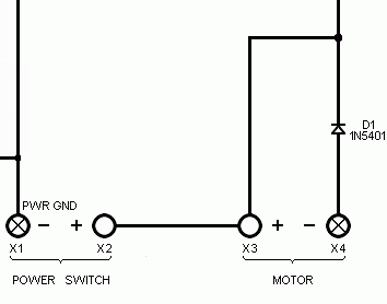 A schematic of the Sinclair C5 control box showing D1 going between the negative terminal of the motor and the positive terminal of the "Power Switch" which connects straight to the battery.