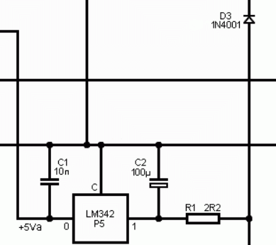A circuit diagram of the Sinclair C5 control box showing the source of +5Va coming from an LM342 connected to the +12V from the large line to the battery via a 2.2ohm resistor R1, and connected to the smaller +12V line by a Diode D4 (incorrectly shown as D3) in reverse bias.