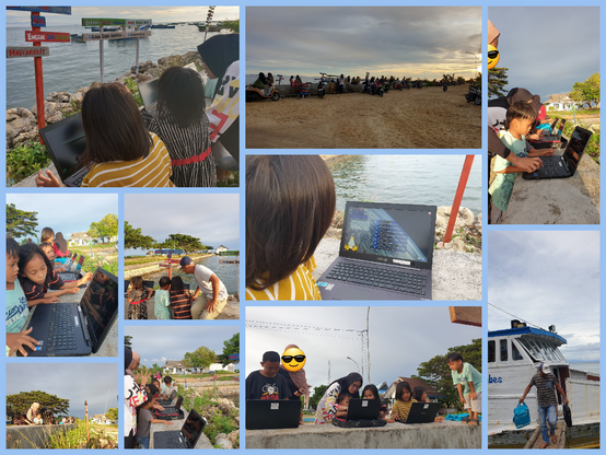 Collage aus mehrere Fotos aus Indonesien. Alle zeigen eine Hafenanlage mit aufgeschütteten Schottersteinen, Strand und Kaimauer. Von einem weißen Schiff trägt ein Helfer eine Laptoptasche über einen Steg an Land. Andere Fotos zeigen etwa 10 Jahre alte Kinder, die vor sich auf eine Kaimauer aufgeklappte Laptops stehen haben. Auf den Desktops sieht man Linux und Lernprogramme. Die Kinder tauschen sich untereinander aufgeregt aus. Lehrer und Lehrerinnen beugen sich über die Kinder und erklären etwas.