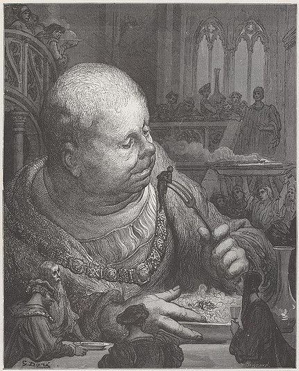 "”Pourquoy? dist Gargantua, ilz sont bons tout ce mois.” Et, tirant le bourdon, ensemble enleva le pellerin & le mangeoit très bien." English translation: "”Why not? said Gargantua, they are good all this month.” Which he no sooner said, but, drawing up the staff, and therewith taking up the pilgrim, he ate him very well." 

Illustration of Gustave Doré for Gargantua by François Rabelais, published in Œuvres de Rabelais (Paris: Garnier Freres, 1873), Book I, vol. 1, ch. XXXVIII, opposite page 116 .

With an expression of benign curiosity, Gargantua lifts a pilgrim on the end of a long staff — whom he proceeds to eat, as the caption suggests: “Why not? said Gargantua, they are good all this month.” Around him, a gathering of nobles, clerics, and onlookers observe the bizarre act with a mixture of astonishment and formality, seated in a grand Gothic hall with pointed arches and vaulted windows in the background.

Doré amplifies the grotesque absurdity and exaggerated proportions typical of Rabelais’ Renaissance satire. The enormous scale of Gargantua in contrast to the minuscule humans around him underscores themes of gluttony, power, and the farcical nature of authority — central to Rabelais' irreverent critique of contemporary society.

https://commons.wikimedia.org/wiki/File:Gustave_Dor%C3%A9_-_Gargantua.jpg