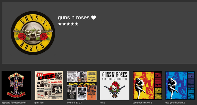 Screenshot of Navidrome media streaming software showing Guns N Roses albums.