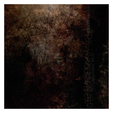 abstract artwork -  a dark textured surface in warm greys and earth tones. Towards the right hand edge paler fragmented text, both type and hand written, runs vertically across the image