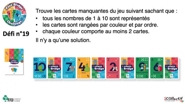 Défi n°19 du Petit Bridge Challenge : 
Trouve les cartes manquantes du jeu suivant sachant que :
tous les nombres de 1 à 10 sont représentés
les cartes sont rangées par couleur et par ordre.
chaque couleur comporte au moins 2 cartes.
Il n’y a qu’une solution.

Cartes affichées :
10 bleu - ? - 7 bleu - 4 jaune - ? - 2 rouge - ? - 9 verts - 6 vert - ?