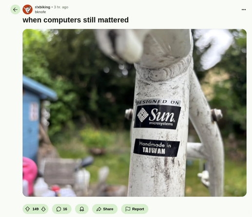 Screenshot from reddit showing bicycle "designed on sun microsystems"