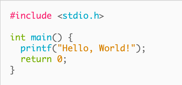 A C “Hello world” sample code, with syntax highlighting in bright colors.