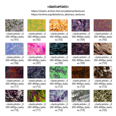 Text - clasticartistic, https://clastic-artistic.itch.io/caabstracttextures, https://archive.org/details/ca_abstract_textures. Images - 20 textures laid out in a 4x5 grid.