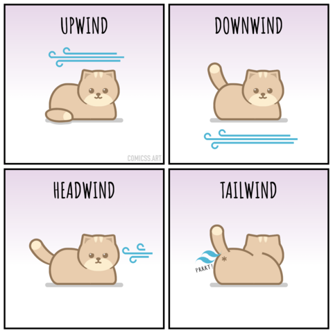 Comic with 4 panels in a 2x2 grid. All showing a cat and a word:
- Upwind: some wind goes over a sitting cat facing forward
- Downwind: some wind goes under a sitting cat facing forward
- Headwind: wind hits a sitting and annoyed cat facing forward
- Tailwind: the Tailwind logo comes as a fart from a cat facing backward.
