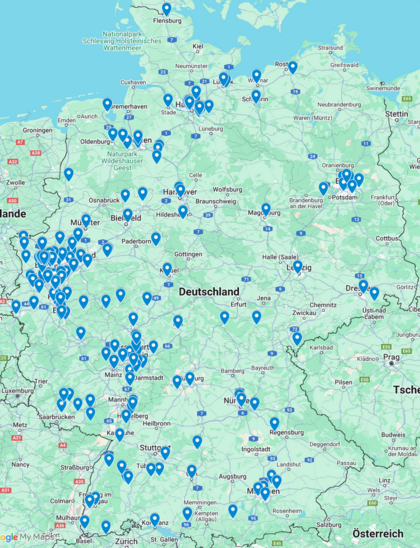 Screenshot einer Deutschlandkarte mit den Annahmestellen als Pins in der Karte